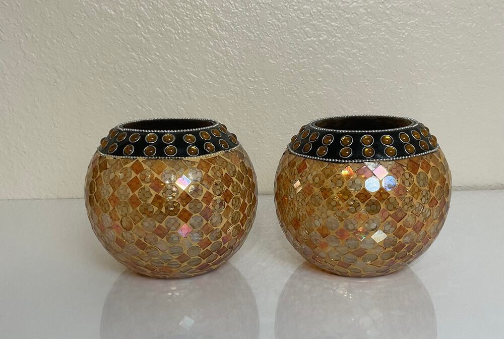 Partylite , Gold Amber Mosaic Glass Votive Candle Holders Set of 2 Decorative